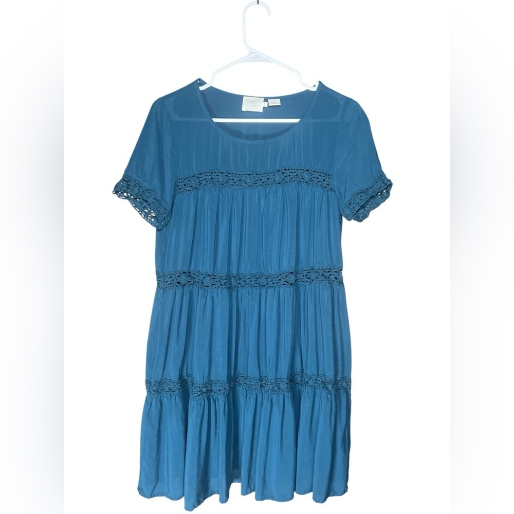 Alice & UO for Urban Outfitters Blue Short Sleeve tiered Dress crochet inset M